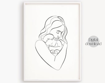 Mamma och bebis linjekonsttryck: Minimalistisk barnrumsdekor (digital nedladdning)