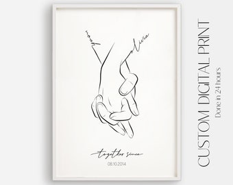 Custom Line Drawing of Love Hands, Personalized Couple Line Art, Romantic Anniversary Gift, Engagement Print for Couples