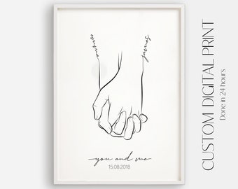 Custom Couple Holding Hands Line Art, Personalized Couples Love Hands, Gift for Wedding and Anniversary