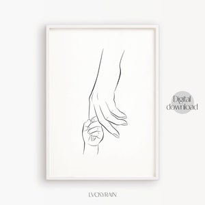 Hands Line Drawing, Baby Hand Line Art, One Line Hands, Mother and Baby Art, Holding Baby Hand Line Art, Nursery Print