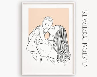 Custom Family Portrait from Photo | Minimalist Line Art Drawing | Mother, Baby or Family Gift