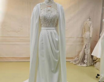 Sheath Wedding dress with Detachable Long Cape, Simple Elegant Wedding Gown, Unique Chic Dress Pleats