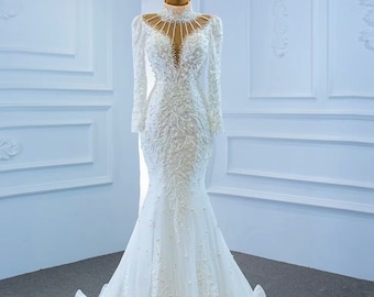 Robe de mariée glamour, robe de mariée perle, robe de mariée perlée brodée de dentelle florale 2022