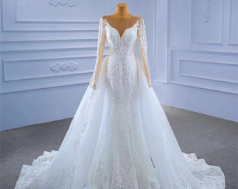 Elegant Ivory Appliqued Lace Wedding Dresses ,Detachable Train Long Sleeves Mermaid Bridal Gown, Church Marriage Dress Robe De Mariée