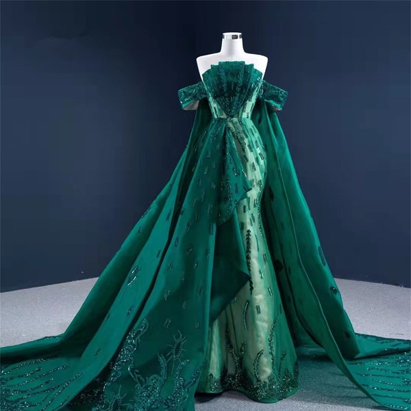 Chic Green Evening Dresses With Long Wrap, Appliqued Beads Sequins Prom Gown, Formal Mermaid Special Reception Dress Robe De Mariée