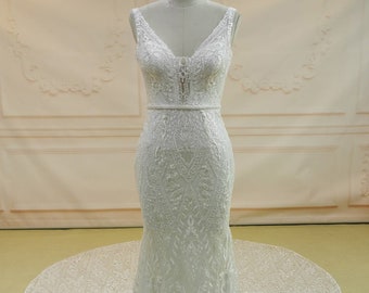 Boho Wedding Dress Lace Beaded Belt with Train, Elegant Bride Dress, Plunging Neckline Trumpet Bridal Gown