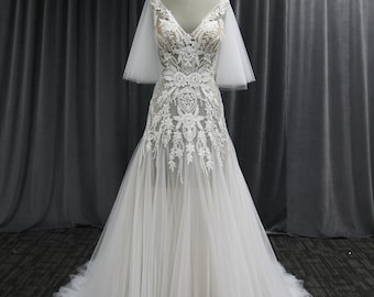 Fairytale V Neckline Tulle Wedding Dress with Cap Sleeve, Beaded Lace Motifs A Line Bridal Gown with Sweep Train