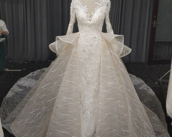 Fancy Wedding Dress with Long Sleeve and Royal Train, Champagne Tiered Lace Tulle Princess Bridal Gown