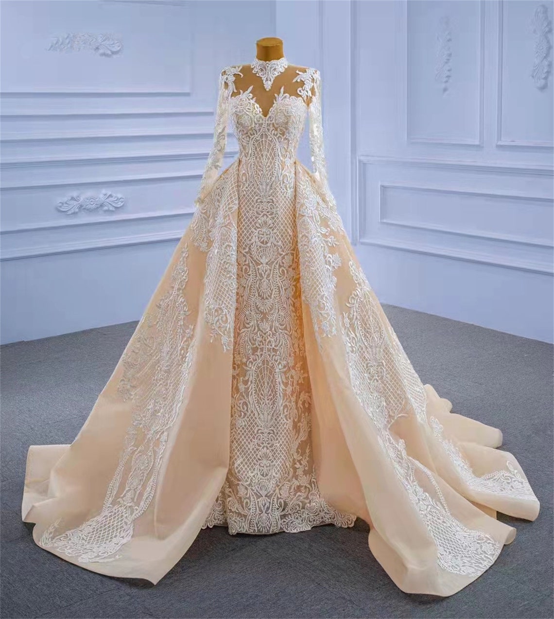 Lace Pearls Beads Wedding Dresses , Champagne Long Sleeves Mermaid