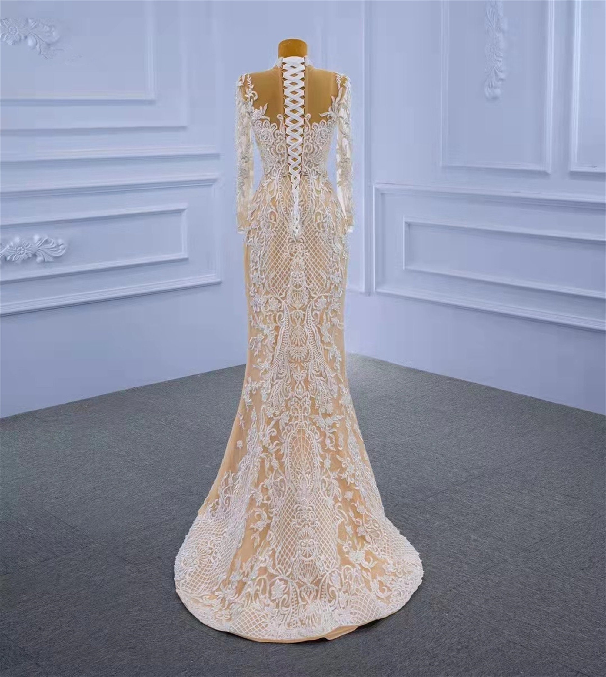 Lace Pearls Beads Wedding Dresses , Champagne Long Sleeves Mermaid