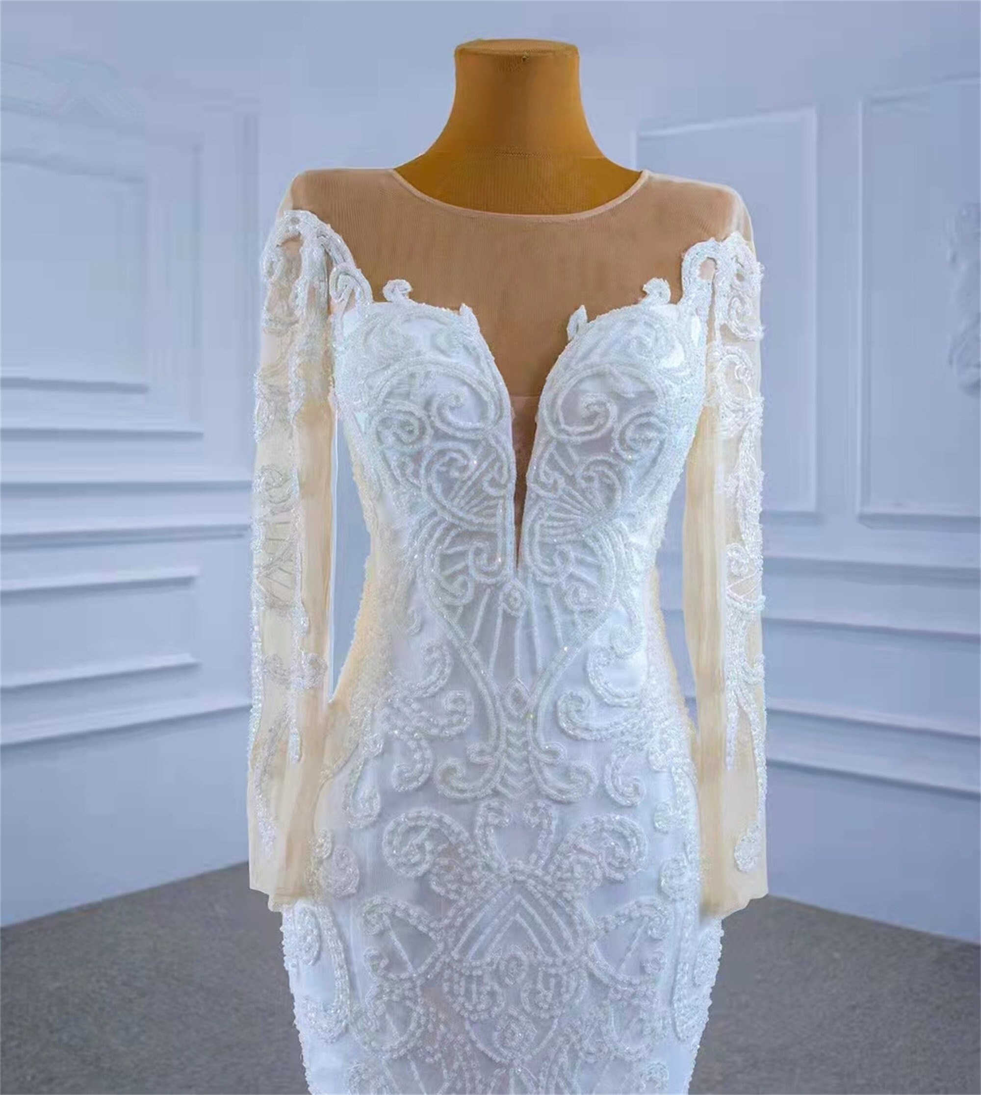 Lace Pearls Beads Wedding Dresses Long Sleeves Mermaid Etsy