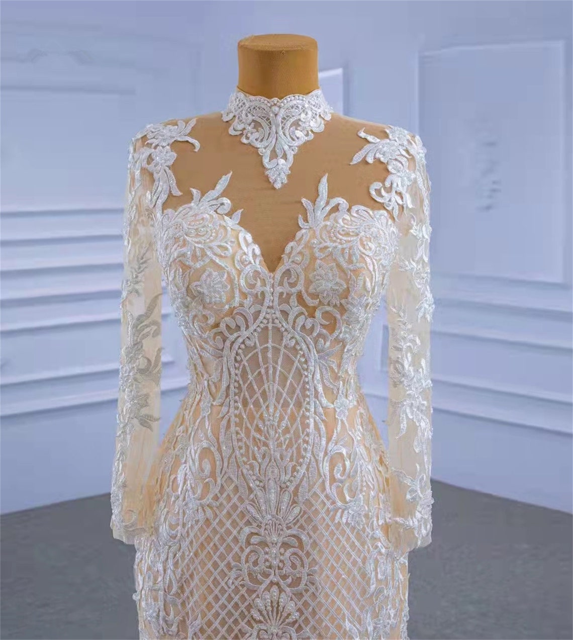 Lace Pearls Beads Wedding Dresses , Champagne Long Sleeves Mermaid