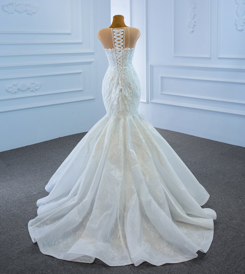 Elegant Trumpet Flared Beaded Wedding Gown Illusion Plunging Etsy