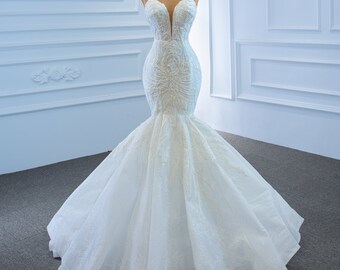 Elegant Trumpet Flared Beaded Wedding Gown, Illusion Plunging Neckline Lace Bridal Dress