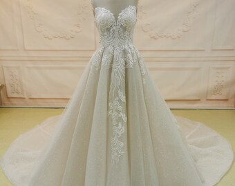 Fairytale Romantic Floral Wedding Dress, Glitter Bridal Gown, Applique Light Tulle Bride Dress