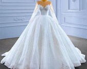 Luxury Ball Gown Wedding Dress, Beads Sequins Wedding Dress Long Sleeves Jewel Neck And Sweep Train, Lace Up Bridal Gown