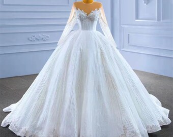 Luxury Ball Gown Wedding Dress, Beads Sequins Wedding Dress Long Sleeves Jewel Neck And Sweep Train, Lace Up Bridal Gown