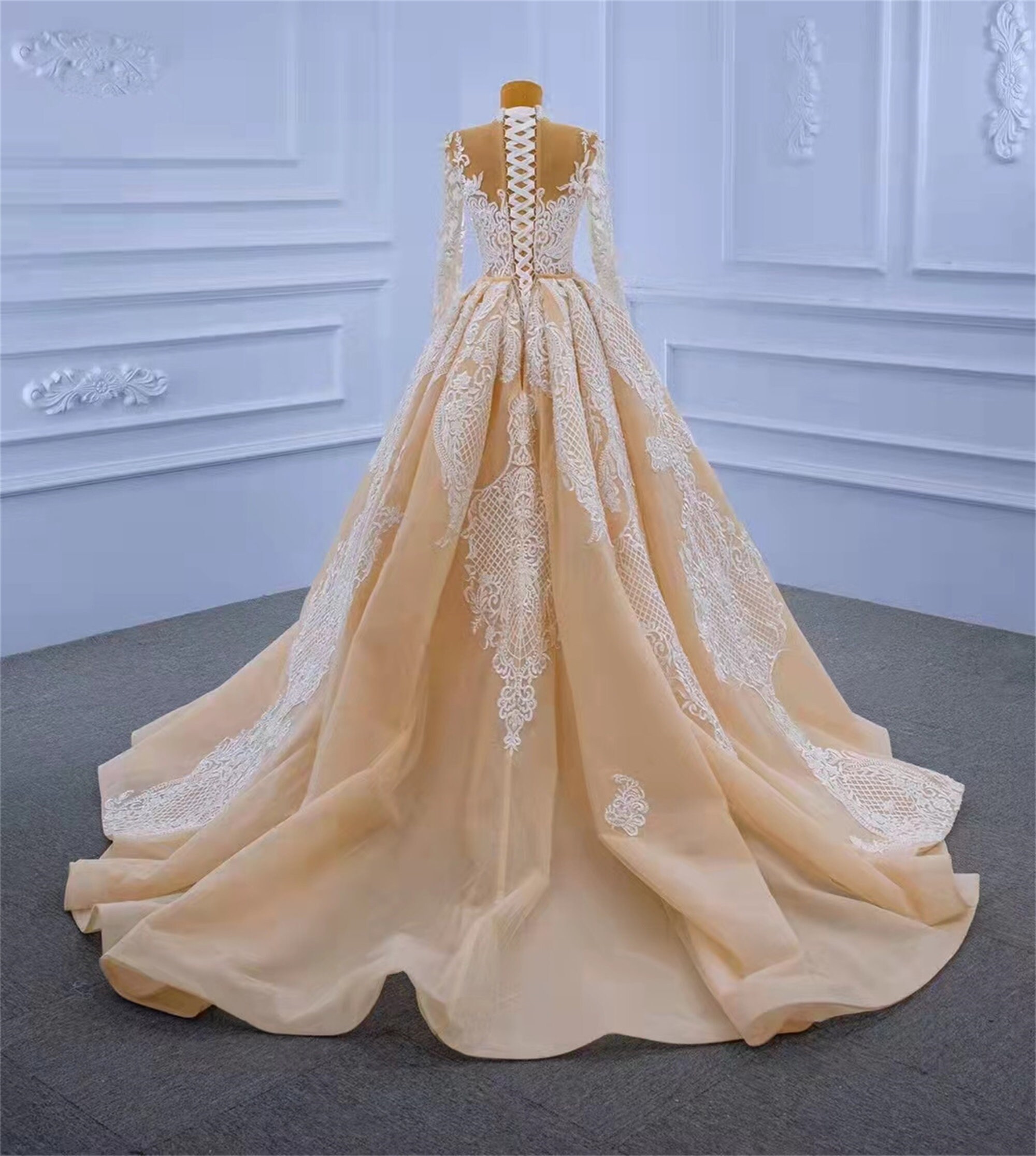 Lace Pearls Beads Wedding Dresses , Champagne Long Sleeves Mermaid