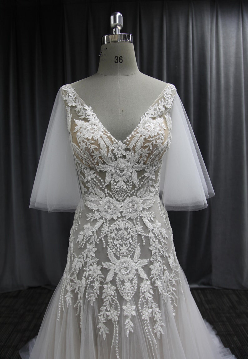 Fairytale V Neckline Tulle Wedding Dress With Cap Sleeve, Beaded Lace