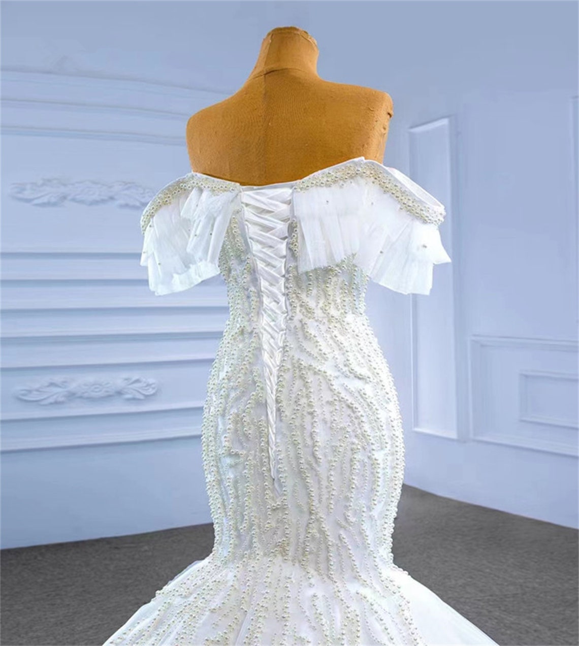 Luxury Pearls Beads Wedding Dresses off Shoulder Satin Etsy