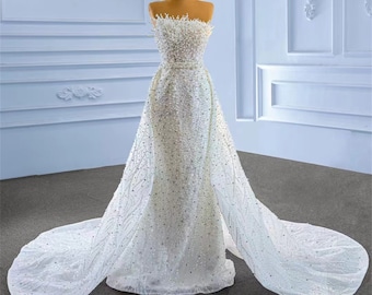 Luxury Pearls Crystal Wedding Dress,Detachable Train Mermaid Bridal Gown, Tailored Marriage Special Reception Dress Robe De Mariée