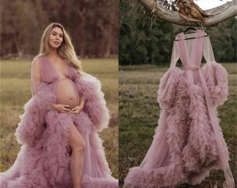 Women Maternity Robes,Long Tulle Bathrobe Evening Dresses Photoshoot,Fluffy Prom Sleepwear Custom Made