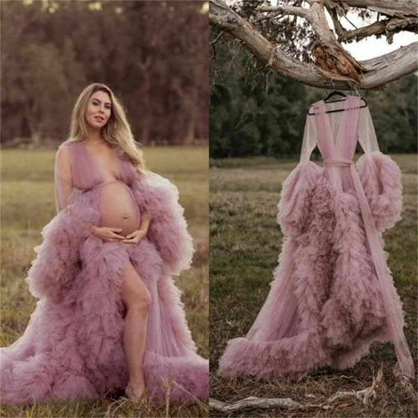 Women Maternity Robes,Long Tulle Bathrobe Evening Dresses Photoshoot,Fluffy Prom Sleepwear Custom Made