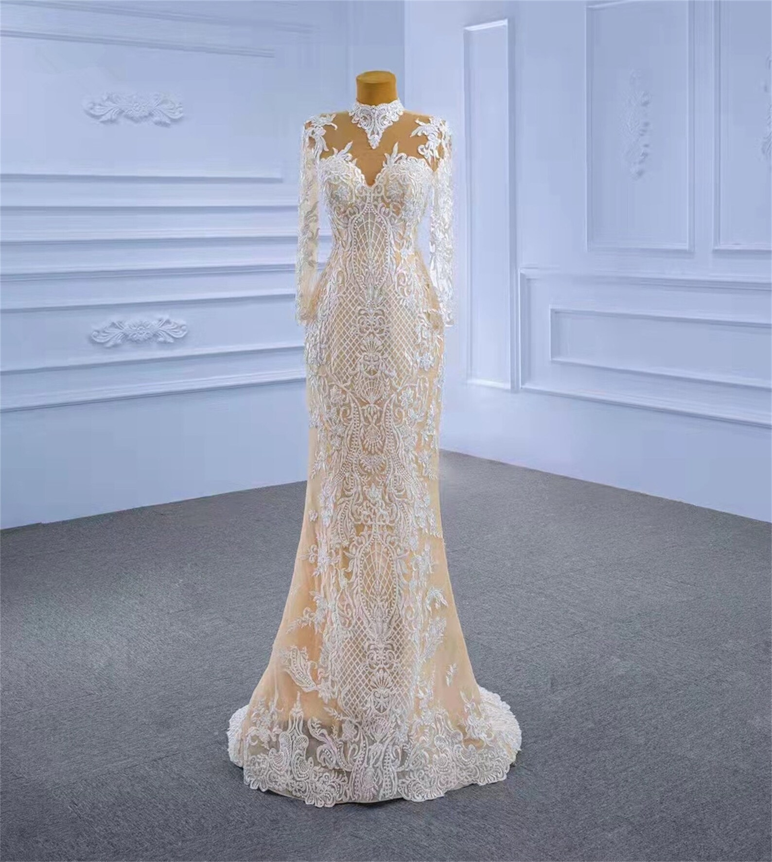 Lace Pearls Beads Wedding Dresses , Champagne Long Sleeves Mermaid