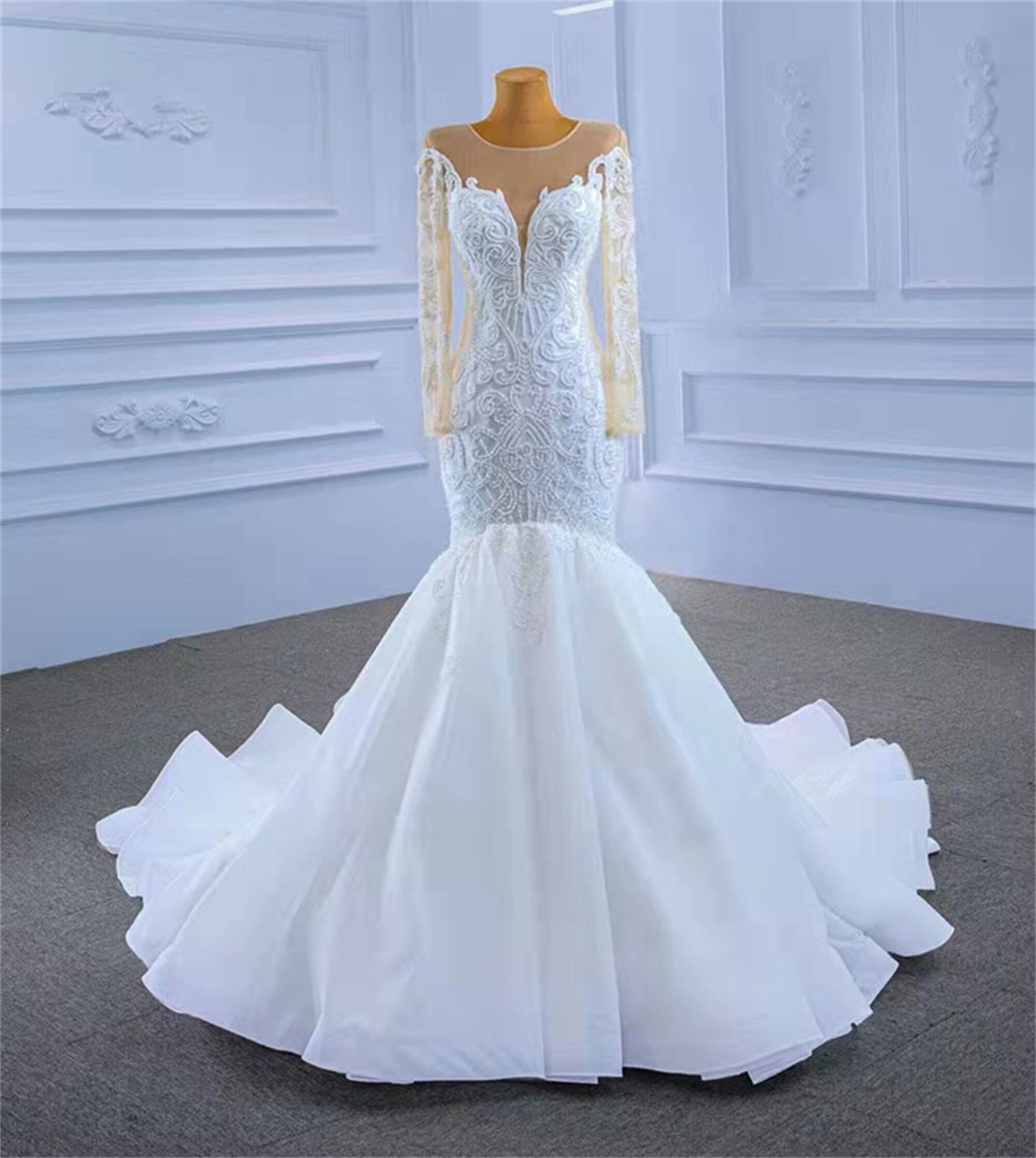 Lace Pearls Beads Wedding Dresses Long Sleeves Mermaid Etsy