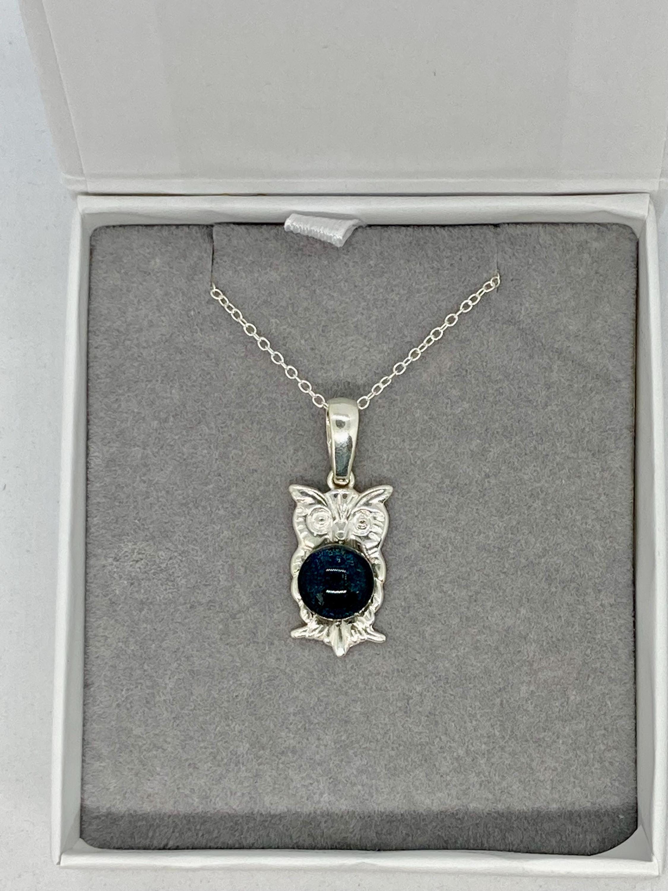 Sterling silver shimmering navy wise owl pendant necklace