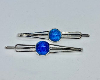 Deco inspired bright blue dichroic glass hair slides