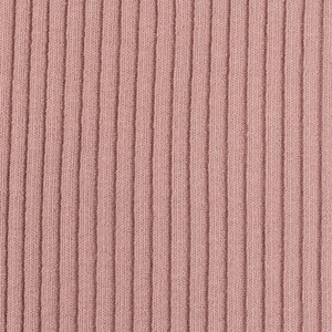 May include: Close-up of a ribbed fabric in a dusty rose color. The fabric has a vertical texture and a soft, smooth appearance.