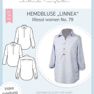 Könnte beinhalten: Ein Schnittmuster für eine Hemdbluse namens "Linnea" von Lillesol & Pelle. Das Schnittmuster enthält Anleitungen für die Größen 34 und 58. Das Bild zeigt eine Strichzeichnung der Hemdbluse und ein Foto einer hellblauen Hemdbluse.
