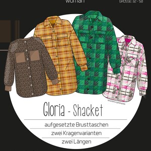 Könnte beinhalten: Ein Schnittmuster für eine Gloria Shacket mit zwei verschiedenen Kragenvarianten und zwei Längen. Das Schnittmuster beinhaltet Anleitungen zum Anbringen von aufgesetzten Taschen. Das Schnittmuster ist in den Größen 32-50 erhältlich.