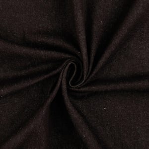May include: Close-up of dark brown denim fabric with a subtle sheen. The fabric is swirled, creating a spiral pattern in the center. The texture appears soft and slightly textured, suitable for various apparel projects.