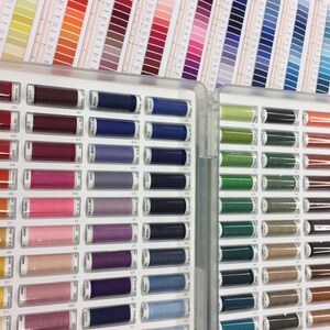 Könnte beinhalten: Fadenspulen in verschiedenen Farben, angeordnet in transparenten Kunststoffboxen. Farbkarten sind im Hintergrund zu sehen, die ein breites Spektrum an Farbtönen zeigen. Die Spulen sind ordentlich angeordnet und zeigen eine Reihe von Farbtönen von Rot und Rosa bis Blau und Grün.