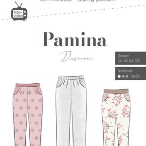 Könnte beinhalten: Illustration eines Schnittmusters für Damenhosen, betitelt "Pamina Damen". Das Muster zeigt drei Varianten: rosa mit Kreisen, weiß mit floralem Druck und creme mit rosa Blättern. Der Text "Fadenköfer" und "sewing pattern" sind ebenfalls sichtbar.