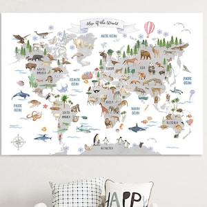 Weltkarte Tiere, Aquarell Weltkarte, Kinder Weltkarte Druck, Kinderzimmer Karte Wanddekor, Kinderzimmer Wandkunst, druckbare Weltkarte, grau