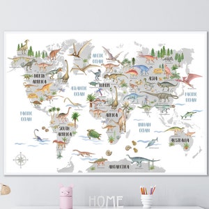 Dinosaurier Weltkarte, Dinosaurier Wandkunst, Kinder Weltkarte Druck, Karte für Kinderzimmer Wanddekoration, druckbare Weltkarte, grau