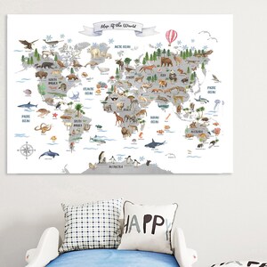 Weltkarte Tiere, Aquarell Weltkarte, Kinder Weltkarte Druck, Kinderzimmer Karte Wanddekor, druckbare Weltkarte, grau, Tiername inklusive
