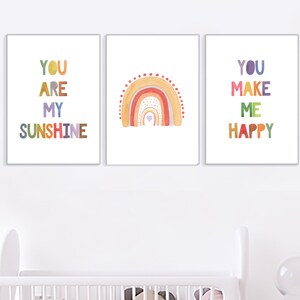 Rainbow, You Are My Sunshine, Set of 3 Wall Art, Nursery Decor, Nursery Prints, Kids Bedroom Decor,  Nursery Wall Art, Watercolor Prints