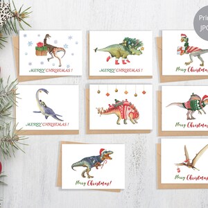 Conjunto de 8 cartões de Natal de dinossauro, cartão de férias de dinossauro, cartão para impressão de dinossauro, feliz Natal, cartão pintado à mão, cartão em aquarela