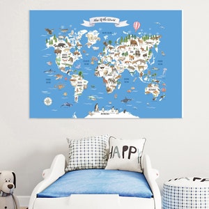 Animals  World Map, WatercolorWorld Map, Kids World Map Print, Nursery Map Wall Decor, Printable World Map, Blue, Animal Name Included