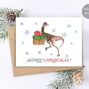 Cartão de Natal Dinossauro, impressões em aquarela Gallimimus, cartão de férias, cartão imprimível de dinossauro, feliz Natal, cartão pintado à mão