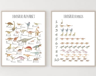 Set of 2 Dinosaur,Alphabet Number poster, Kids Children Learning, Nursery decor, Learning Home School,Preschool Poster, Watercolor Wall Art