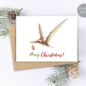 Cartão de natal dinossauro, impressões em aquarela de pteranodonte, cartão de férias, cartão imprimível de dinossauro, feliz natal, cartão pintado à mão