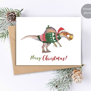 Cartão de Natal Dinossauro, Estampas em aquarela de Spinosaurus, Cartão de férias, Cartão imprimível de dinossauro, Feliz Natal, Cartão pintado à mão