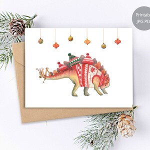 Cartão de Natal de dinossauro, impressões em aquarela de estegossauro, cartão de férias, cartão imprimível de dinossauro, feliz Natal, cartão pintado à mão