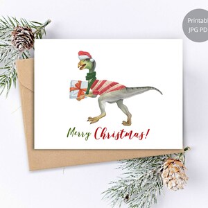 Cartão de Natal Dinossauro, Impressões em Aquarela Oviraptor, Cartão de Natal, Cartão para Impressão de Dinossauro, Feliz Natal, Cartão Pintado à Mão