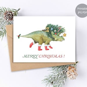 Cartão de natal dinossauro, impressões em aquarela de triceratops, cartão de férias, cartão imprimível de dinossauro, feliz natal, cartão pintado à mão